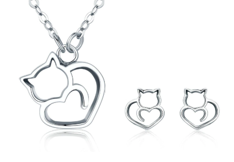 Hollow Cat Heart Necklace Earrings Sets