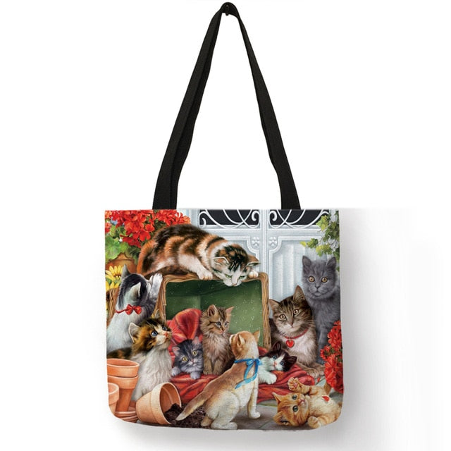 Women's Cat Print Linen Tote Bags