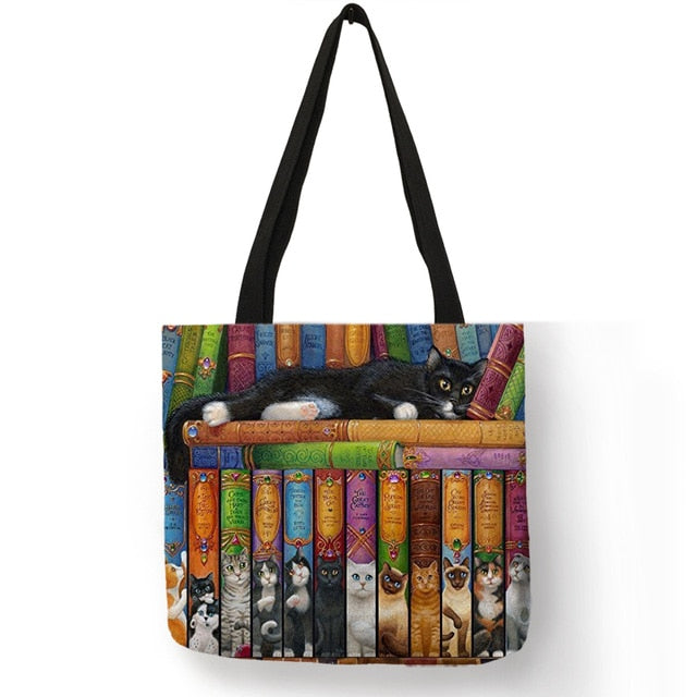 Women's Cat Print Linen Tote Bags